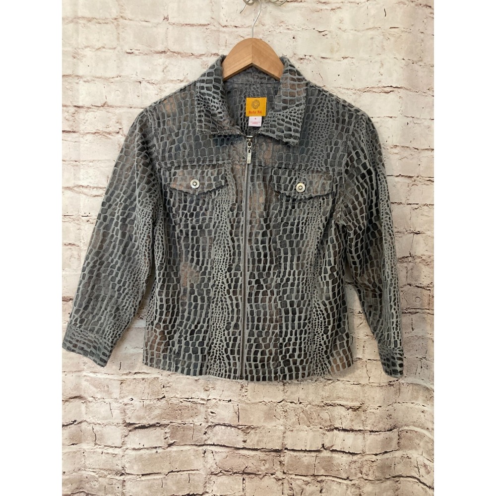 Ruby Rd. Top Womens 8 Gray Animal‎ Print Faux Fur Shacket Full Front Zip Up